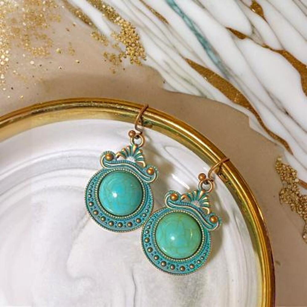 New Boho Turquoise Dangle Earrings Ornate Tribal Rustic Native Aztec Patina
